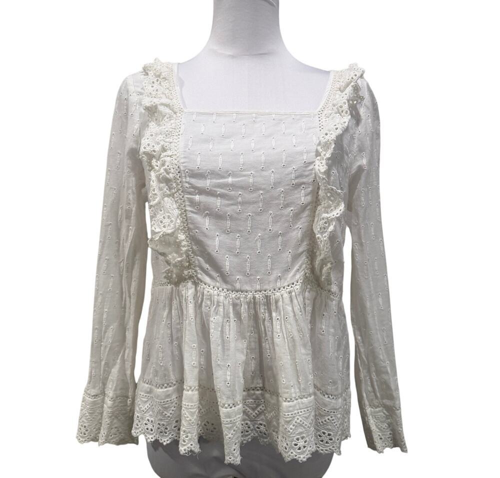 Anthropologie Meadow Rue Edelyn Ruffled Eyelet Long Sleeve White Top